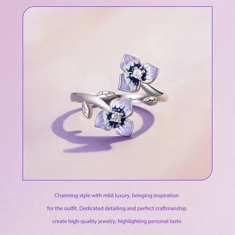 WOSTU 925 Stelring Silver Purple Pansy Flower Open Rings For Women Wedding Party Statement Stackable Butterfly Ring Holiday Gift