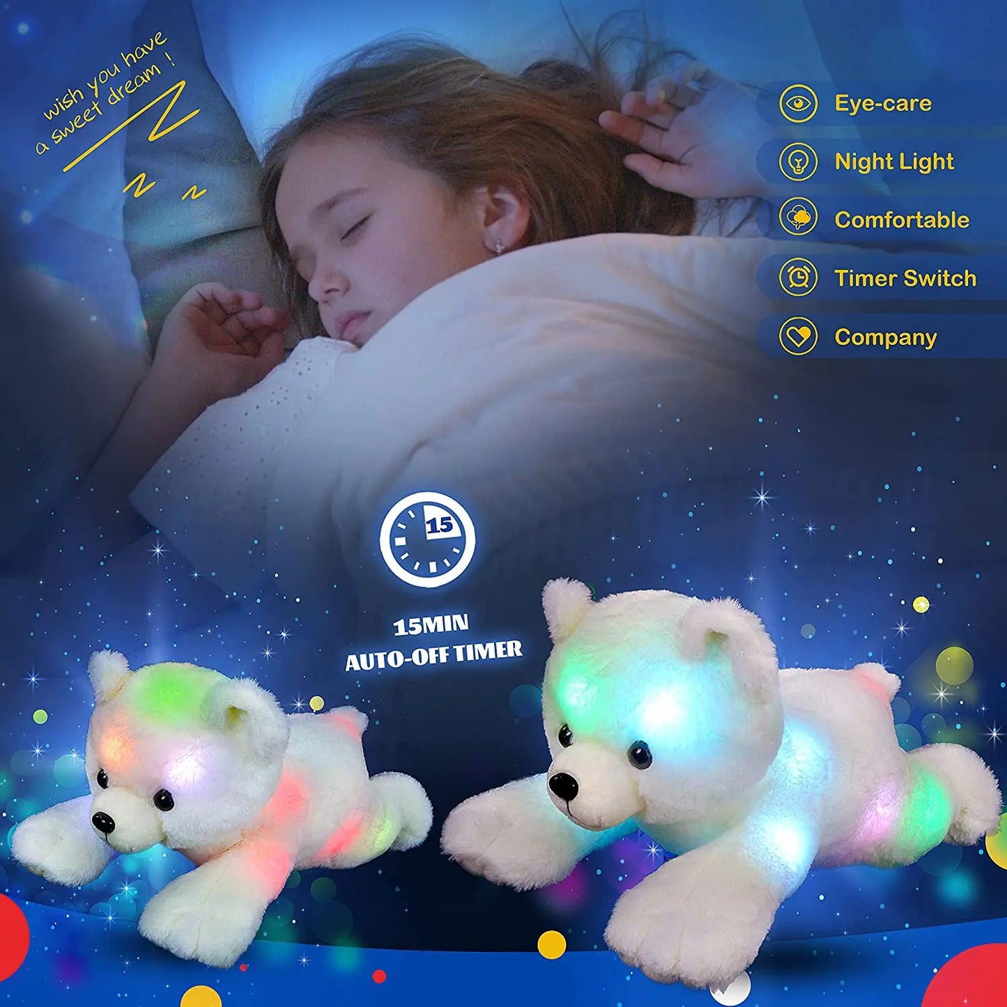 37cm Stuffed Polar Bear Plush Doll Animals LED Plush Toy Music Night Lights Glow Pillow White Bear Birthday Gift for Girls Kids