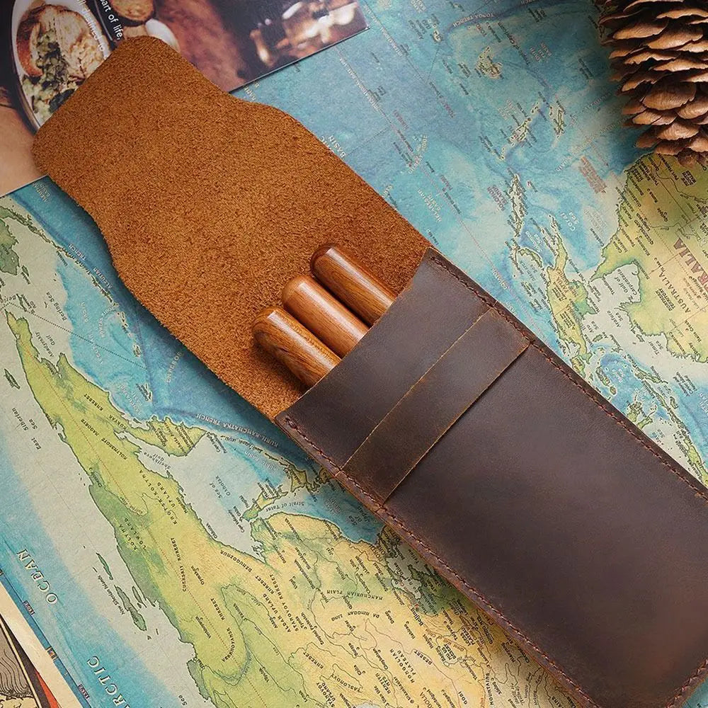 Handmade Pen Bag From Cowhide Genuine Leather Retro Pencil Bag Vintage Style Pencil Case Storage Bag For Journal Travel Supplies