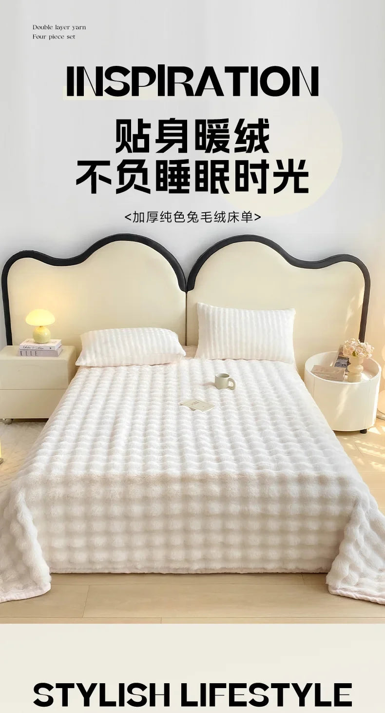 Home Textiles Bed Linens Set Winter Anti-rabbit Fleece Thickened Warm Flat Sheet with 2 Pillowcases Queen Bedspread Soft Blanket