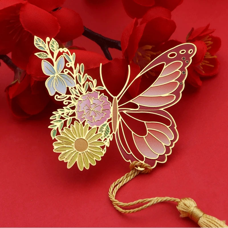 Metal Butterfly Flower Bookmarks Exquisitely Hollow Tassel Pendant Book Clip Students Reading Tool School Stationery Supplies