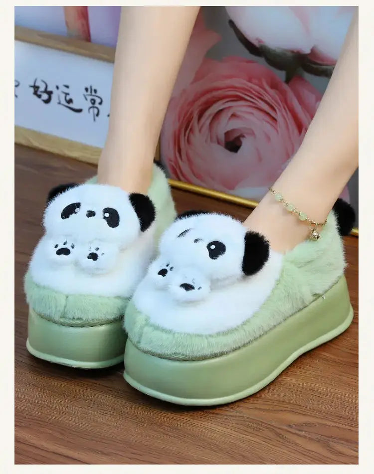 New high heel panda shoes women's winter loafer thick slippers woman fluffy slip on shoes ladies animal warm fuzzy home slipper