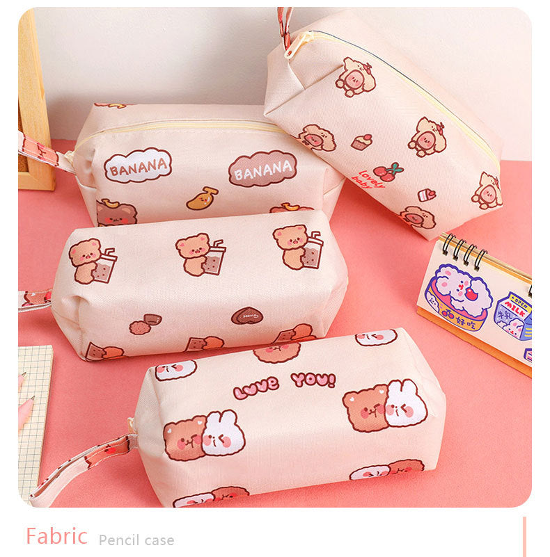Cartoon Little Bear Canvas Pencil Case Student Ins Girl Heart Large Capacity Pencil Case Desktop Stationery