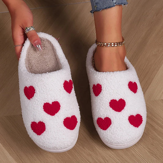 Lucyever Women's Warm Lambswool Slippers Heart Printed Plush Home Slippers Shoes for Women Non Slip Soft Bottom Slides Ladies