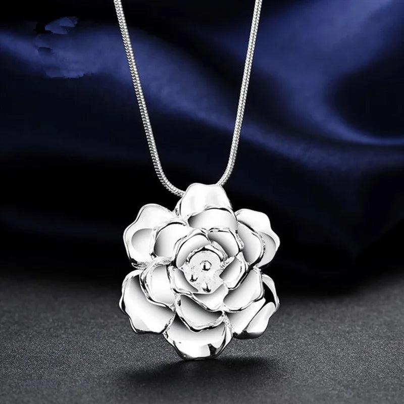 JewelryTop Store 925 Sterling Silver 40-75CM Snake Chain Flower Pendant Necklace for Women Fashion Wedding Charm Jewelry