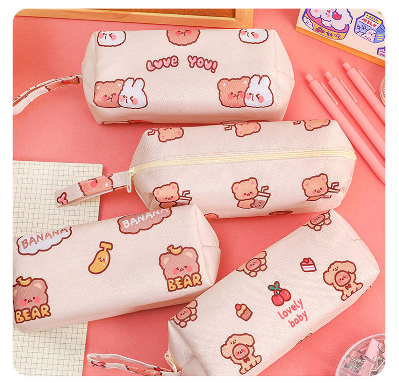 Cartoon Little Bear Canvas Pencil Case Student Ins Girl Heart Large Capacity Pencil Case Desktop Stationery