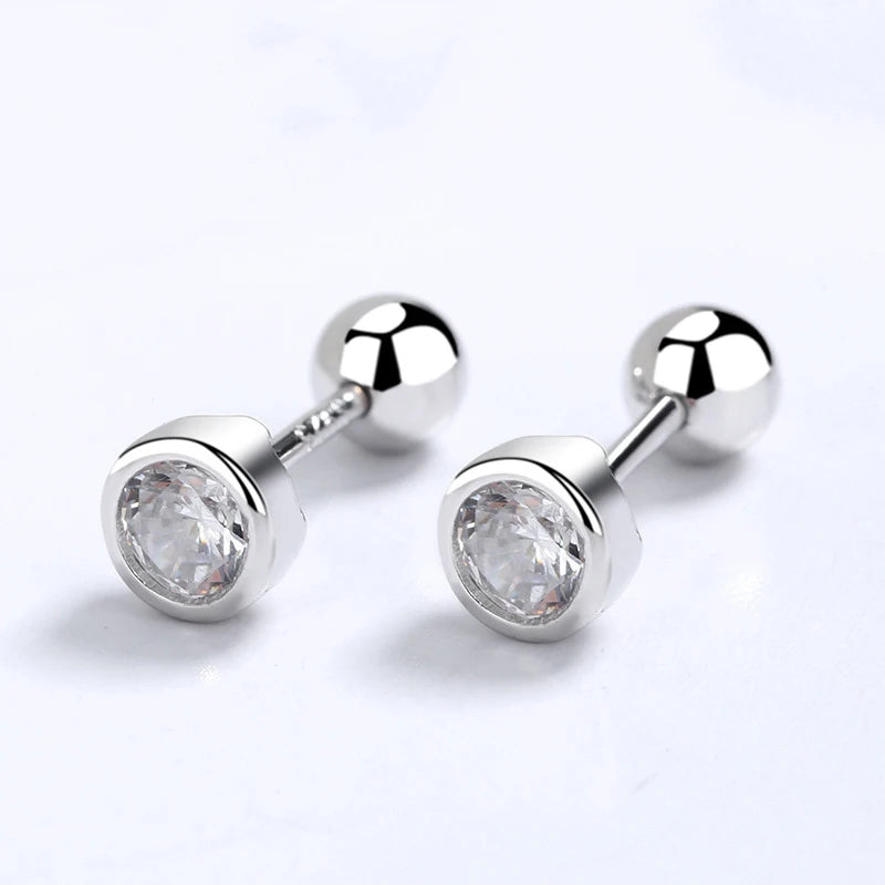 INZATT Real 925 Sterling Silver Zircon Round Screw Thread Bead Stud Earrings For Women Fine Jewelry Minimalist Accessories