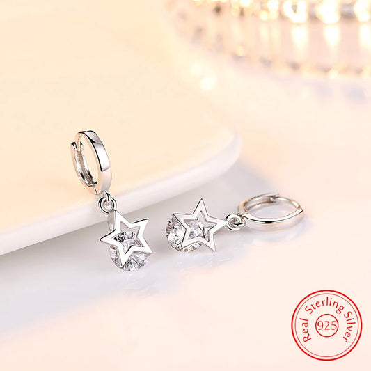 Genuine 925 Sterling Silver Woman's Original Jewelry Crystal Zircon Star Drop Earrings XY0069