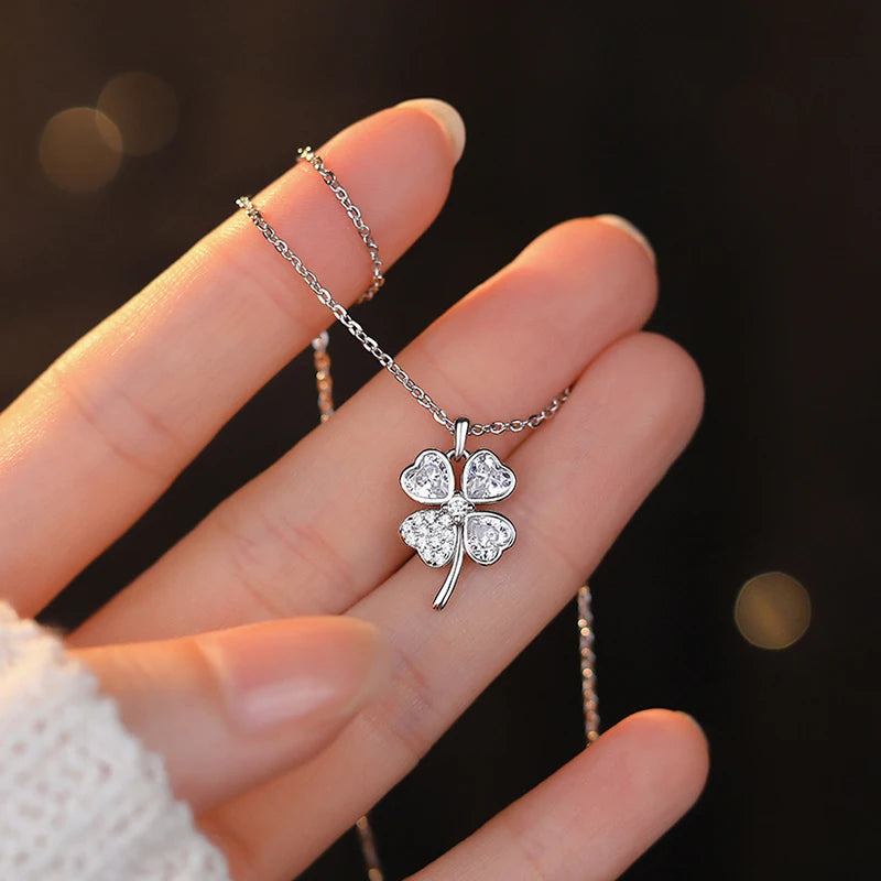 INZATT Real 925 Sterling Silver Zircon CZ Clover Series Pendant Choker Necklace for Women Light Luxury Fine Jewelry Accessories