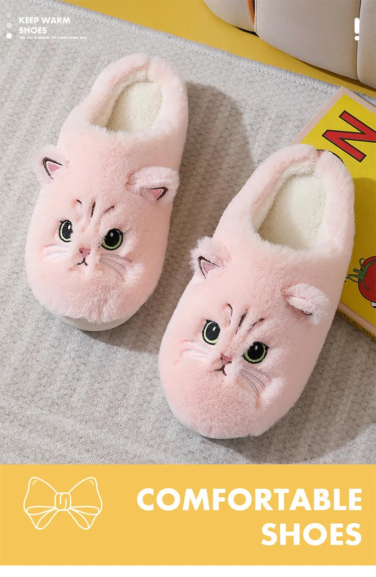 New Winter Women Lovely Cat Plush Slippers Warm Shoes Slides Cute Cartoon Cat Fuzzy Slippers Men Soft Footwear Home Cotton Shoes