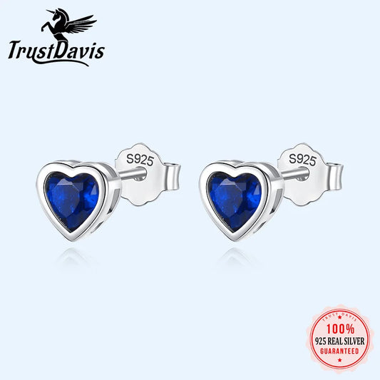 TrustDavis Real 925 Sterling Silver Earring Fashion Romantic Heart CZ Stud Earrings For Daughter Girls Fine S925 Jewelry DE0038