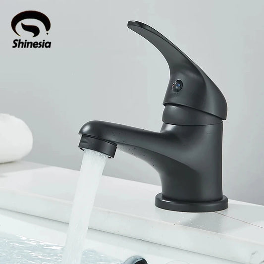 Shinesia Black Basin Faucet Sink Tap Deck Mount Single Handle Hot Cold Water Stainless Steel Bathroom Mixer Tap