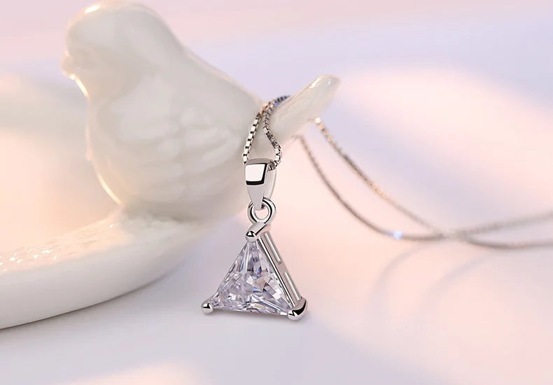 925 Sterling Silver Jewelry AAA Zirconia Triangle Pendant Necklace For Women Gift 45cm Link Chain choker collares S-N107
