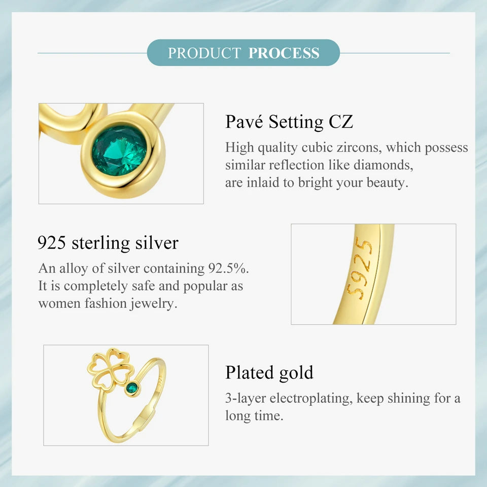 BAMOER 925 Sterling Silver Simple Four Leaf Clover Ring for Girl, Women 14K Gold Plated Promise Lucky Ring 3 Colors SCR843