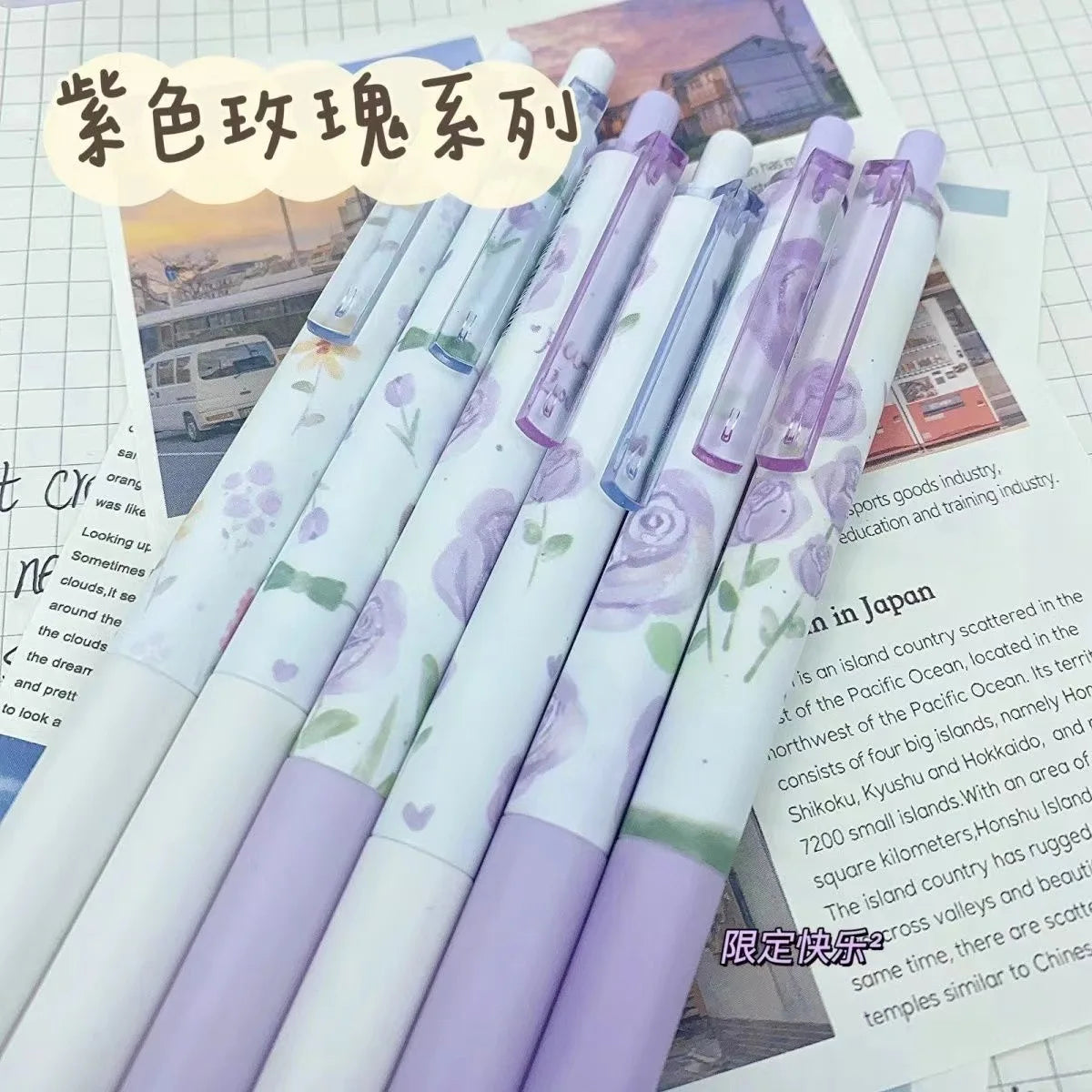 6 Pcs/Set purple rose heart Gel Pens 0.5mm Press Ballpoint Pens Black Ink Writing Pens Office School Stationery Supplies
