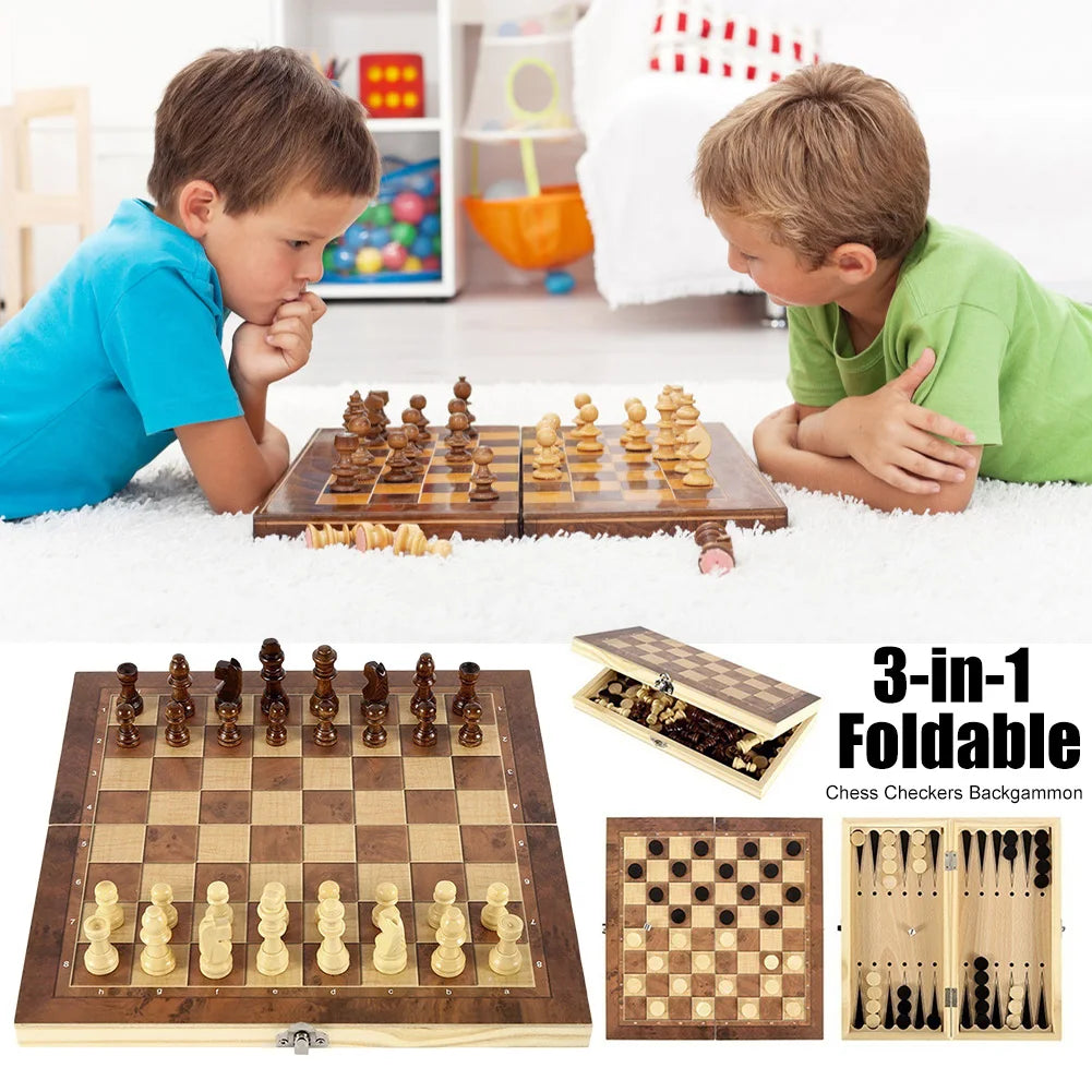 3 in 1 Chess Game Board Folding Storage Wooden Chess Board Sets Exquisite Chess Set Chess and Checkers Game Set