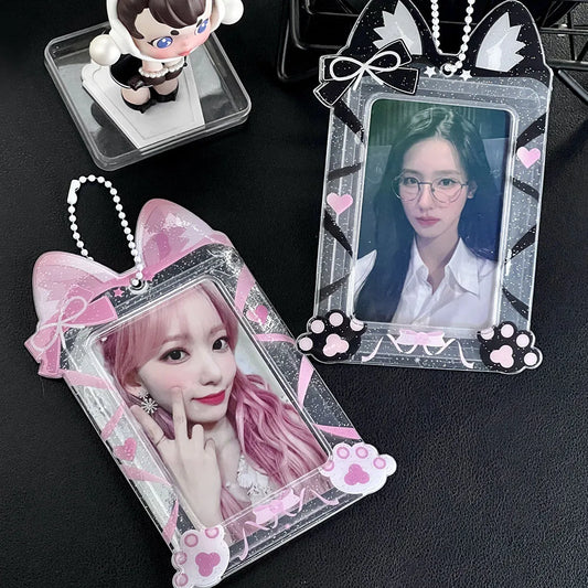 Cute Cat Photocard Holder Glitter Transparent Idol 3 Inch Photo Card Sleeves PVC Student ID Bus Card Case Keychain Bag Pendant