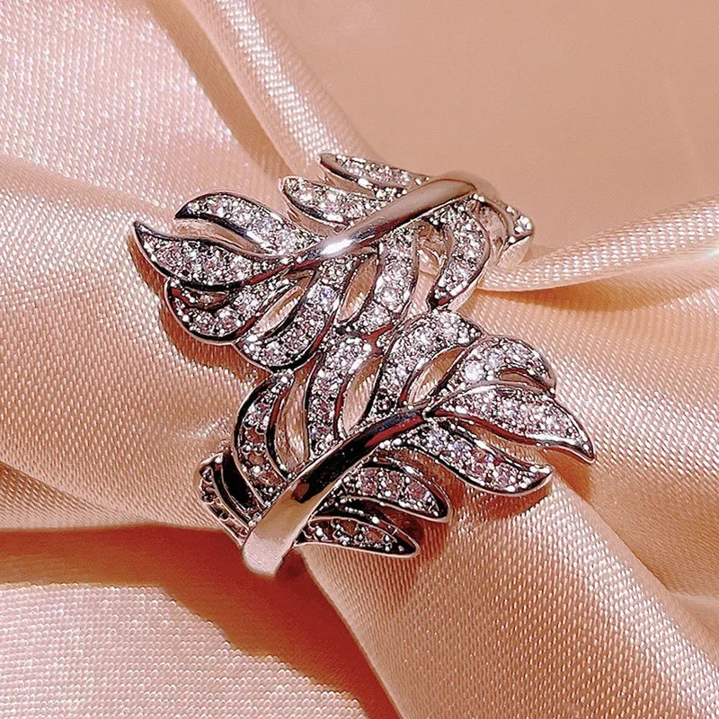 925 Sterling Silver Rings for Women Princess Propose Marriage Cubic Zirconia Feather Design Ring Romantic Bridal Wedding Bijoux
