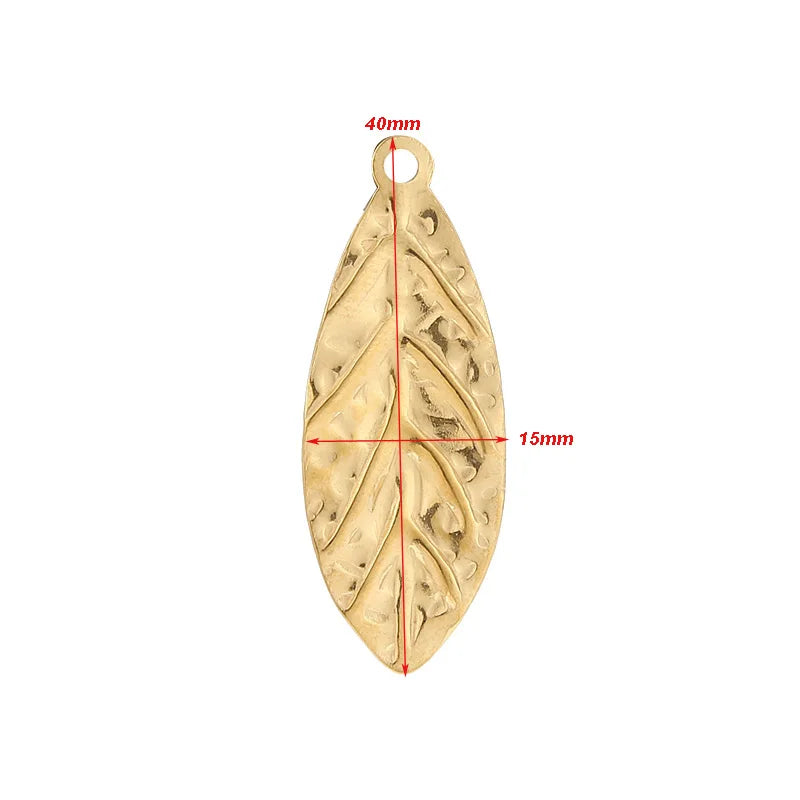 6pcs Gold Plated 15*40mm Stainless Steel Embossed Leaf Pendants Charms For DIY Jewelry Necklace Making Findings High Quality