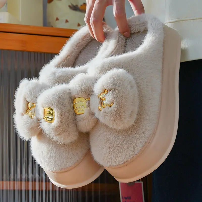 New green bow slippers winter women's 2024 shoes thick sole fuzzy slippers for home mules shoes woman fluffy metal house slipper