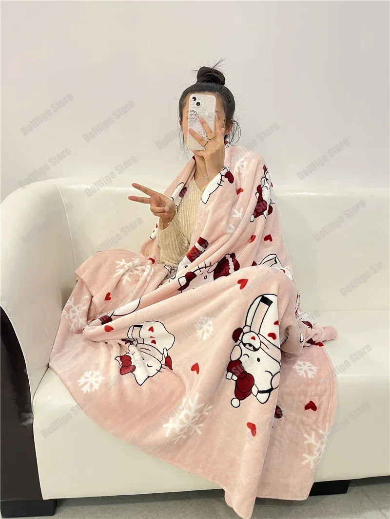 2024 Halloween Ghost Hello Kitty Plush Cartoon Large Flannel Blanket Cute Cotton Sofa Nap Blanket Bed Sheet Christmas Gift