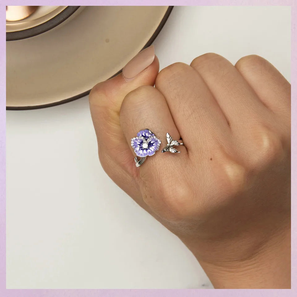 WOSTU 925 Stelring Silver Purple Pansy Flower Open Rings For Women Wedding Party Statement Stackable Butterfly Ring Holiday Gift