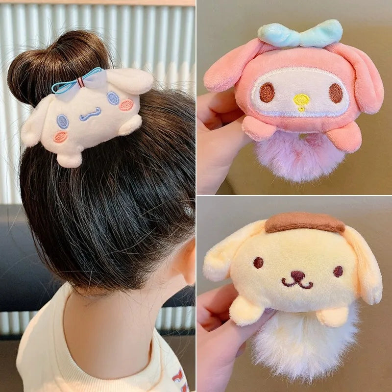 Kawaii Sanrio Plush Scrunchie Anime Melody Kuromi Cinnamoroll Lady Tie Hair Rubber Band Headdress Girl Hair Accessories Hairband