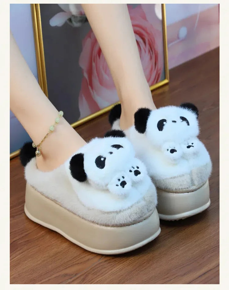 New high heel panda shoes women's winter loafer thick slippers woman fluffy slip on shoes ladies animal warm fuzzy home slipper