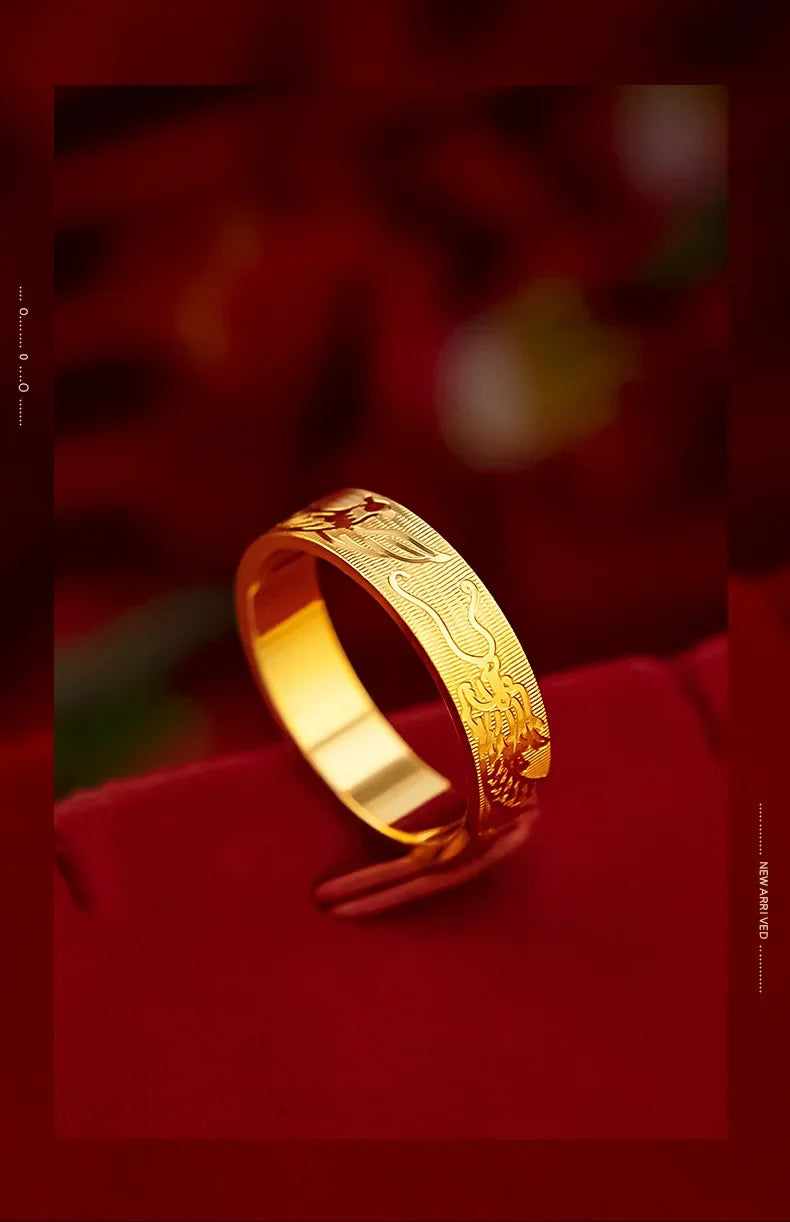 9999 real gold 24K yellow gold Ring Women and Men's Dragon and Phoenix Wedding Ring