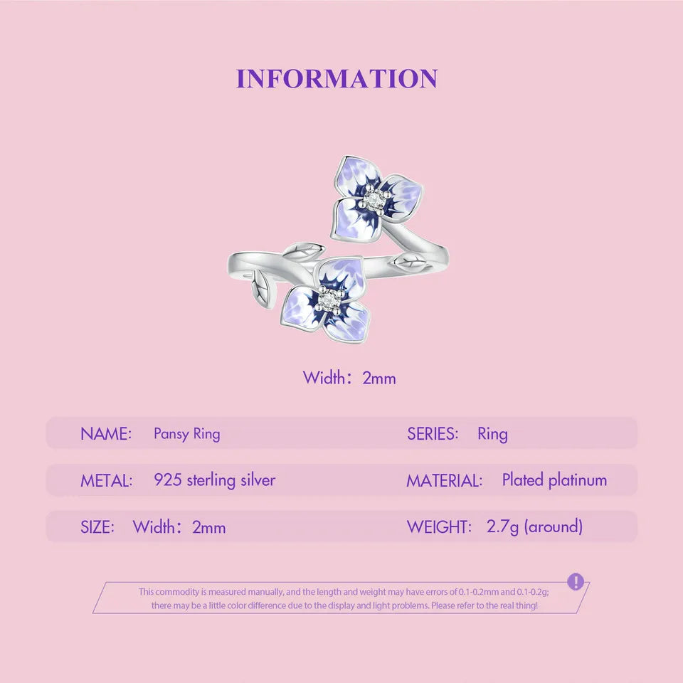 WOSTU 925 Stelring Silver Purple Pansy Flower Open Rings For Women Wedding Party Statement Stackable Butterfly Ring Holiday Gift