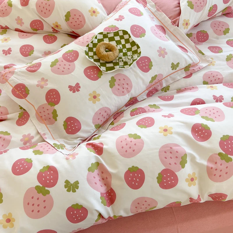 Kawaii Pink Strawberry Duvet Cover Set NO Filler Fashion Bed Sheets Full Queen Size Luxury Home Bedding for Girls Bedclothes