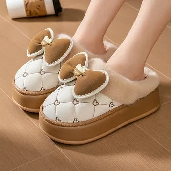 Pink clog slippers with fur slides women's indoor kawaii bowknot mules woman winter 6 cm platform  fluffy home slippers ladies