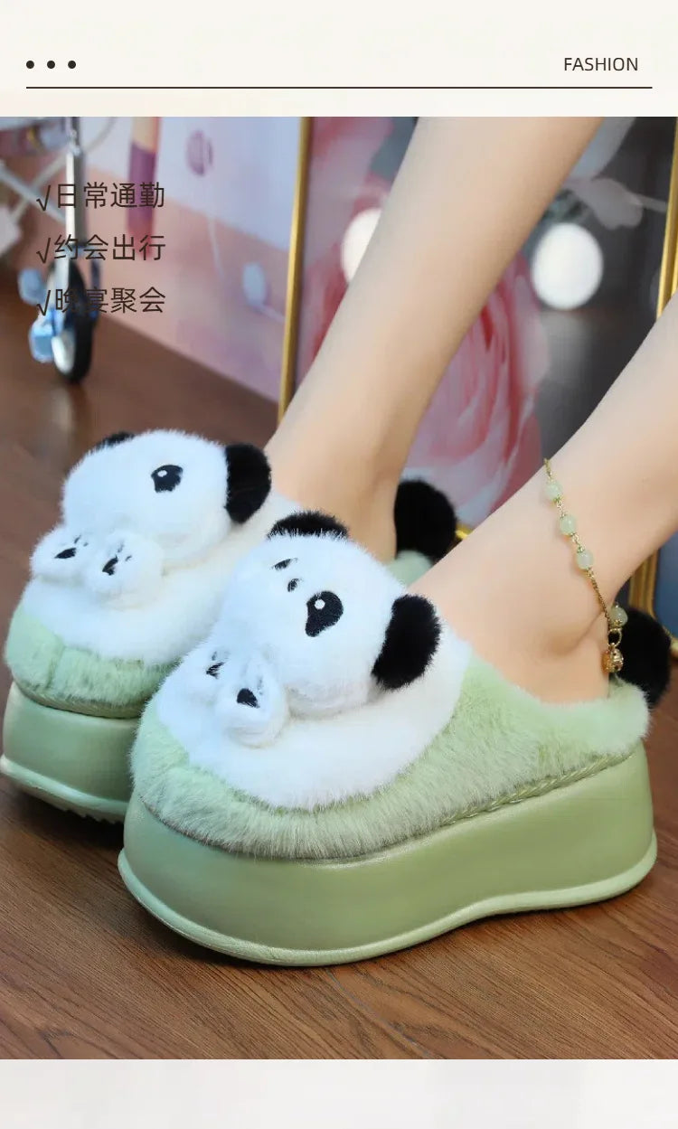 New high heel panda shoes women's winter loafer thick slippers woman fluffy slip on shoes ladies animal warm fuzzy home slipper