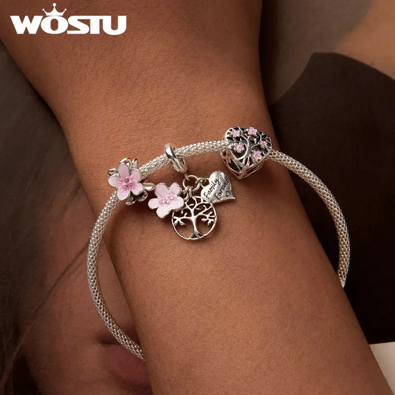 WOSTU 925 Sterling Silver Pink Life Tree Charms Flower Spacer Beads Infinite Heart Pendant Fit Original Bracelet DIY Jewelry