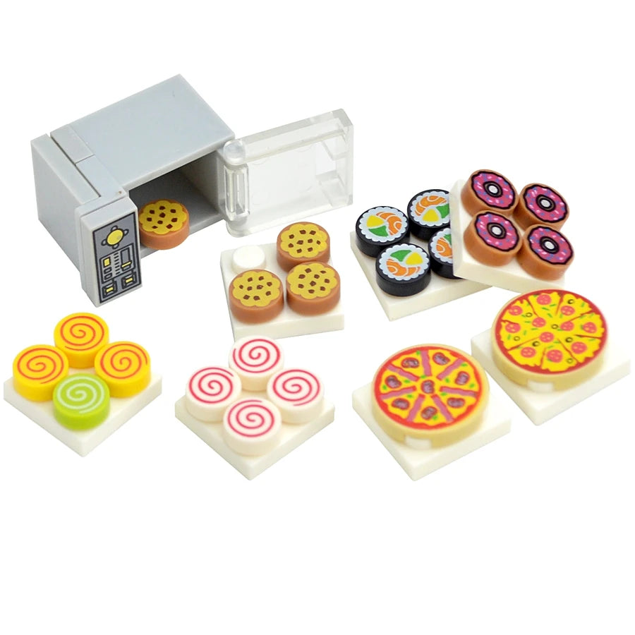 City Mini Food Toys Building Blocks Hamburger Fries Bread Pizza Cake Dessert Food Chocolate Fish Cookies MOC Bricks Kids Gift