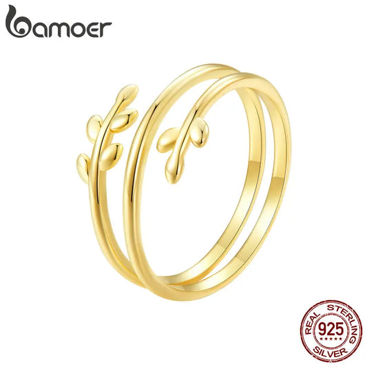 BAMOER Gold Plated Leaves Adjustable Ring,  S925 Silver Trendy Multilayer Leaf Open Ring for Women Fashion Jewelry Gift 2 Colors