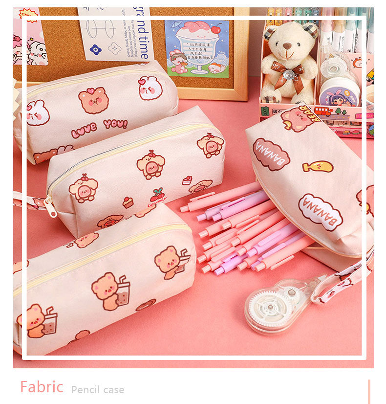 Cartoon Little Bear Canvas Pencil Case Student Ins Girl Heart Large Capacity Pencil Case Desktop Stationery