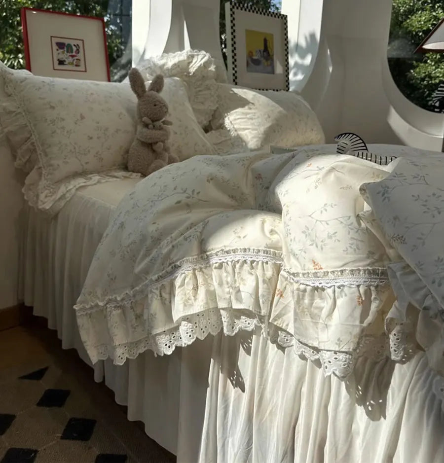 Romantic sweet fairyfair lace floral bedding set,twin full queen rustic cotton home textile bed sheet pillowcase quilt cover