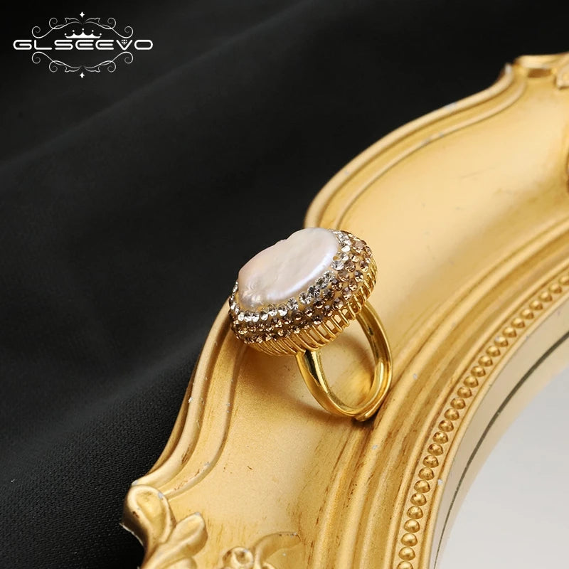 GLSEEVO Baroque Freshwater Pearl Rings for Women Personalized Fashion Elegant Luxury Simple Ladies Banquet Exquisite Jewelry