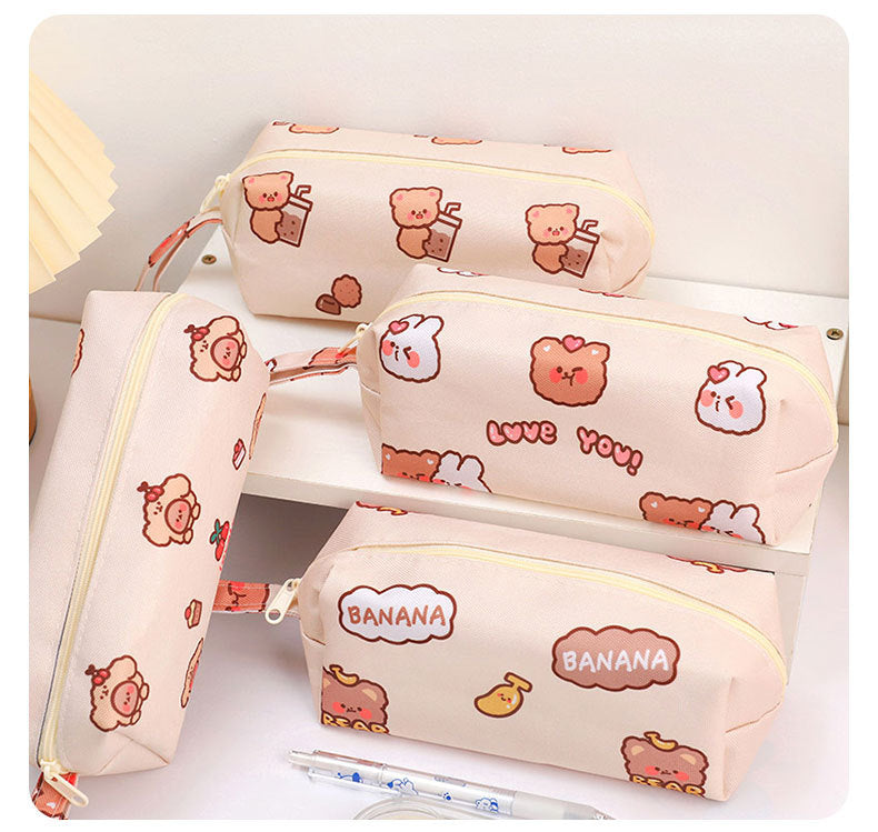 Cartoon Little Bear Canvas Pencil Case Student Ins Girl Heart Large Capacity Pencil Case Desktop Stationery