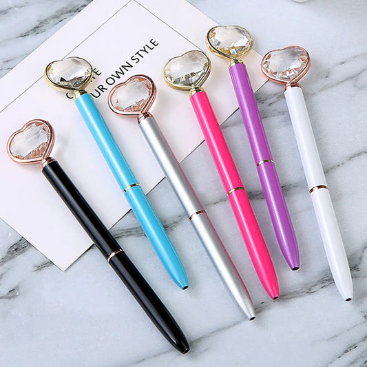 1 Piece Lytwtw's Stationery School Supplies Ballpoint Pen Wedding Crystal Diamond Heart Metal Rose Gold Office Luxury Spinning