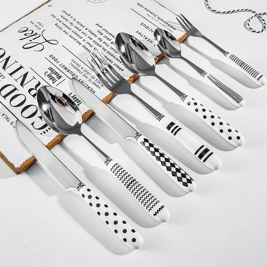 5Pcs Hepburn Stainless Steel Sets Ceramic Knife Fork and Spoon Set Drink Spoon Dessert Spoon Steak Knife Fork Kitchen Items