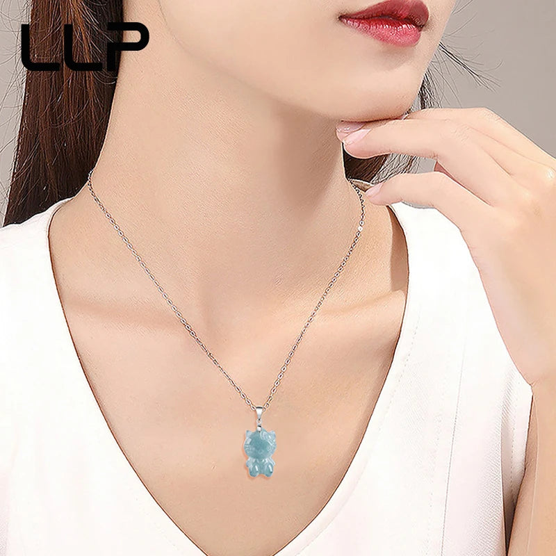 Natural A Cargo Blue Water Jade S925 Silver Inset Cartoon Cat Pendant High Jewelry Amulet Women's Necklace Luxury Holiday Gift