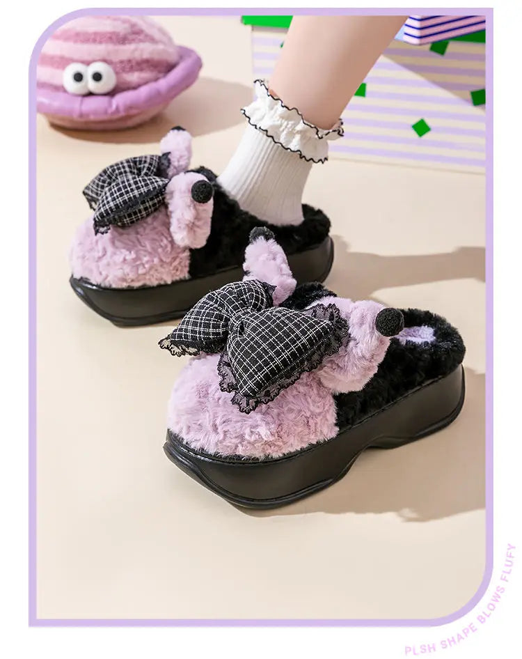 New green bow slippers winter women's 2024 shoes thick sole fuzzy slippers for home mules shoes woman fluffy metal house slipper