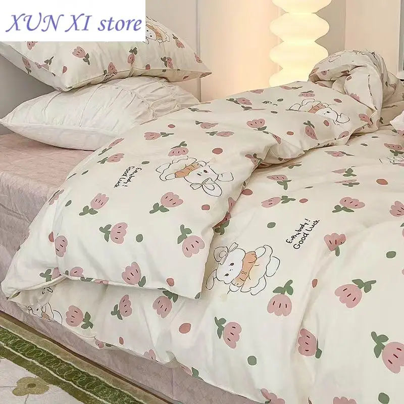 Romantic Bedding Set Floral Ins Style Duvet Cover Flat Sheet with Pillowcases Single Queen Full Size Boys Girls Korean Bed Linen