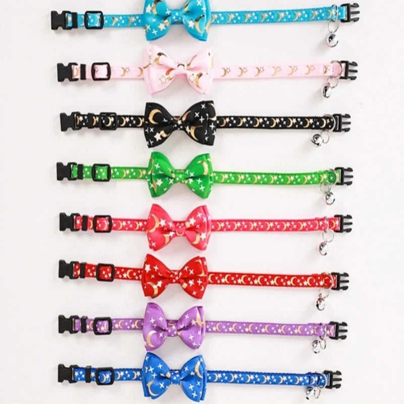 Cat Bow Bell Collar Hot Stamping Woven Stars and Moon Pattern Removable Bow Cat Puppy Collar Adjustable Dog Collar