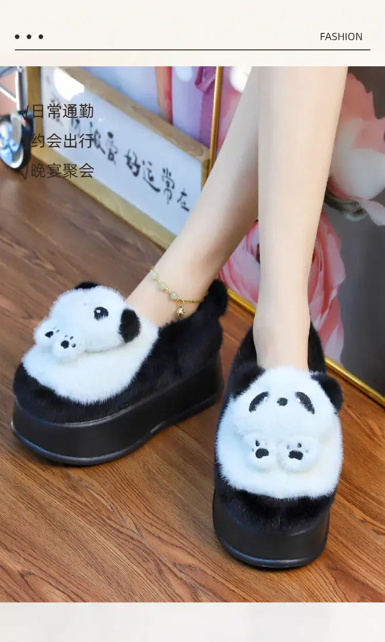 New high heel panda shoes women's winter loafer thick slippers woman fluffy slip on shoes ladies animal warm fuzzy home slipper