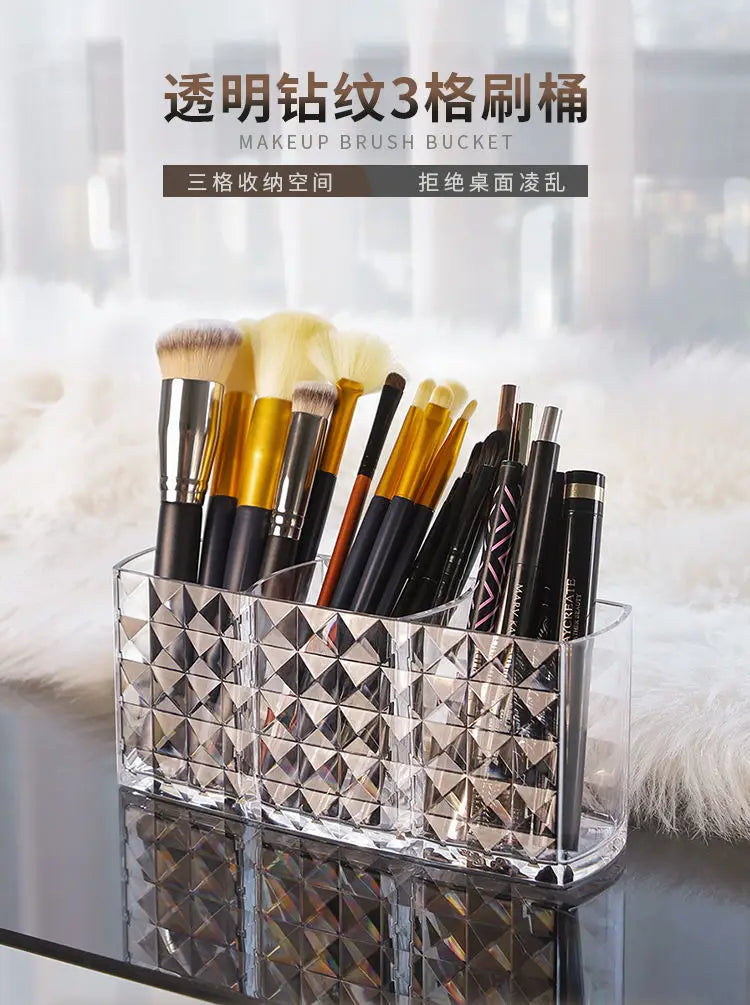 Makeup Brush Eyebrow Pencil Storage Rack Three Compartments Large Capacity Transparent Storage Box Acrylic Stationery Pen Holder