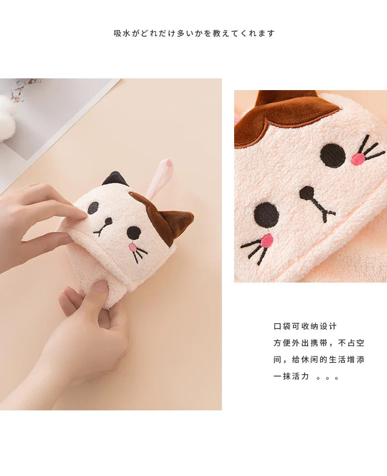 Coral Velvet Pocket Cat Embroidered Hand Towel Bathroom Hanging Absorbent Towel Kitchen Bathroom Square Towel