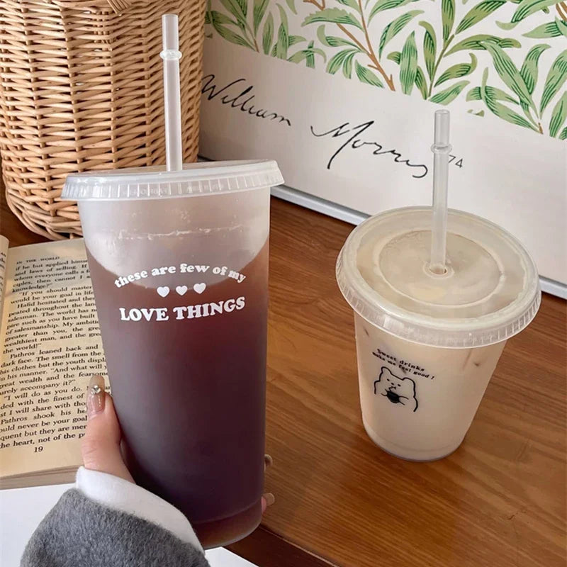 470/700ml Cute Korean Style PP Material Portable Water Bottle Coffee Juice Milk Tea Cup Plastic Cool Cup with Lid Straw Reusable